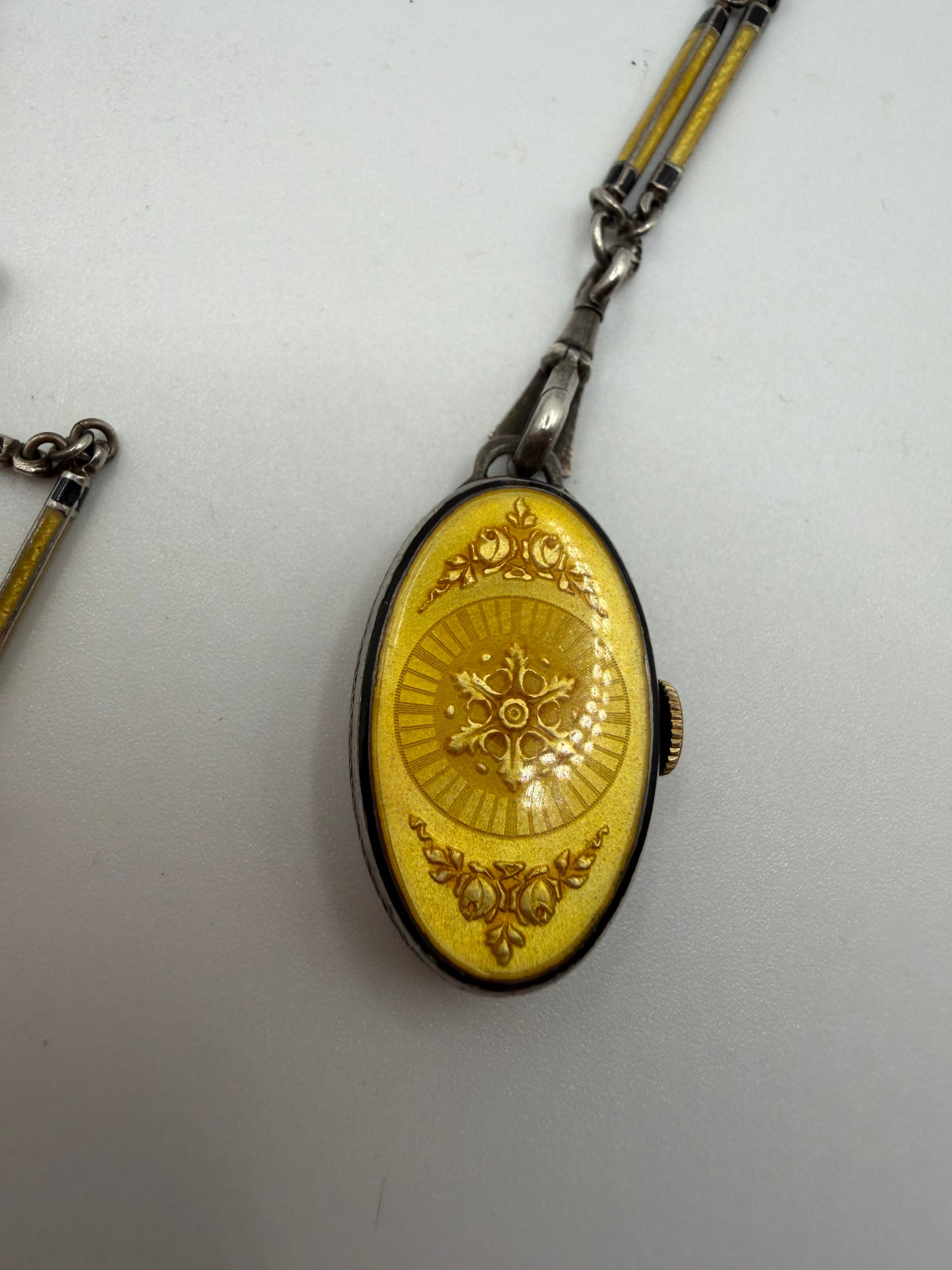 Antique Plojoux Geneve Golden Yellow Art Deco Guilloché Enamel Silver Watch Necklace w/ Ornate Chain