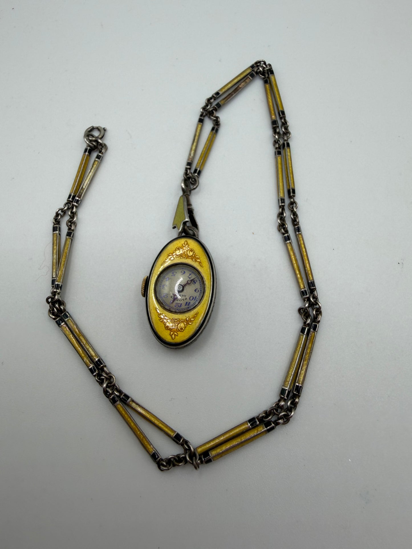 Antique Plojoux Geneve Golden Yellow Art Deco Guilloché Enamel Silver Watch Necklace w/ Ornate Chain