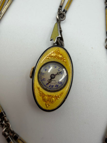 Antique Plojoux Geneve Golden Yellow Art Deco Guilloché Enamel Silver Watch Necklace w/ Ornate Chain