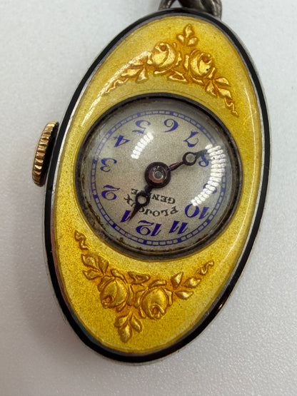 Antique Plojoux Geneve Golden Yellow Art Deco Guilloché Enamel Silver Watch Necklace w/ Ornate Chain