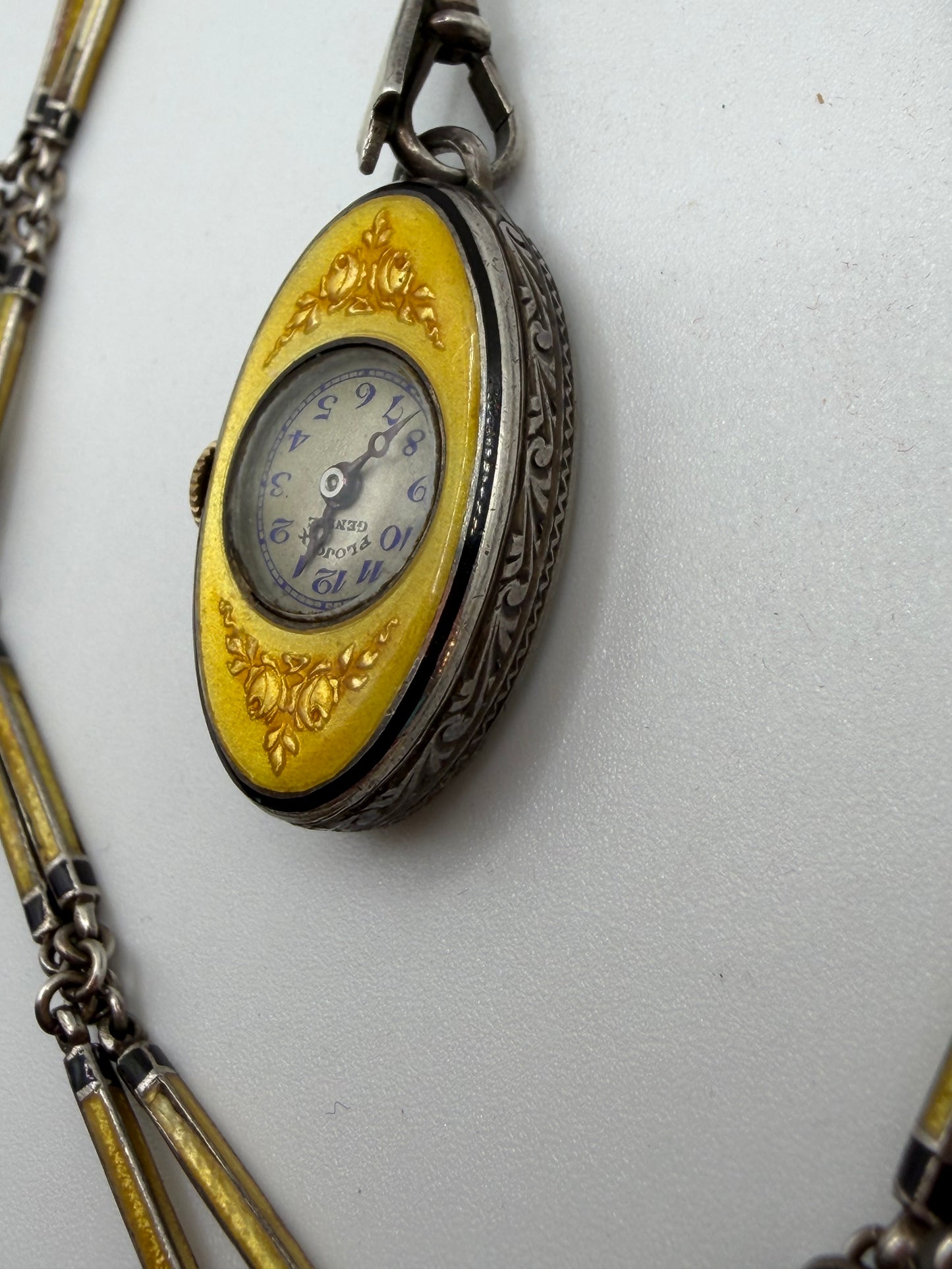 Antique Plojoux Geneve Golden Yellow Art Deco Guilloché Enamel Silver Watch Necklace w/ Ornate Chain