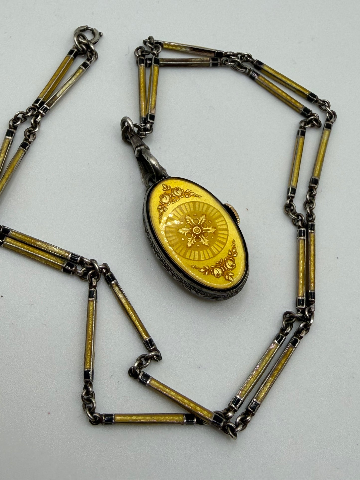 Antique Plojoux Geneve Golden Yellow Art Deco Guilloché Enamel Silver Watch Necklace w/ Ornate Chain