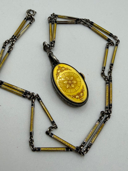 Antique Plojoux Geneve Golden Yellow Art Deco Guilloché Enamel Silver Watch Necklace w/ Ornate Chain