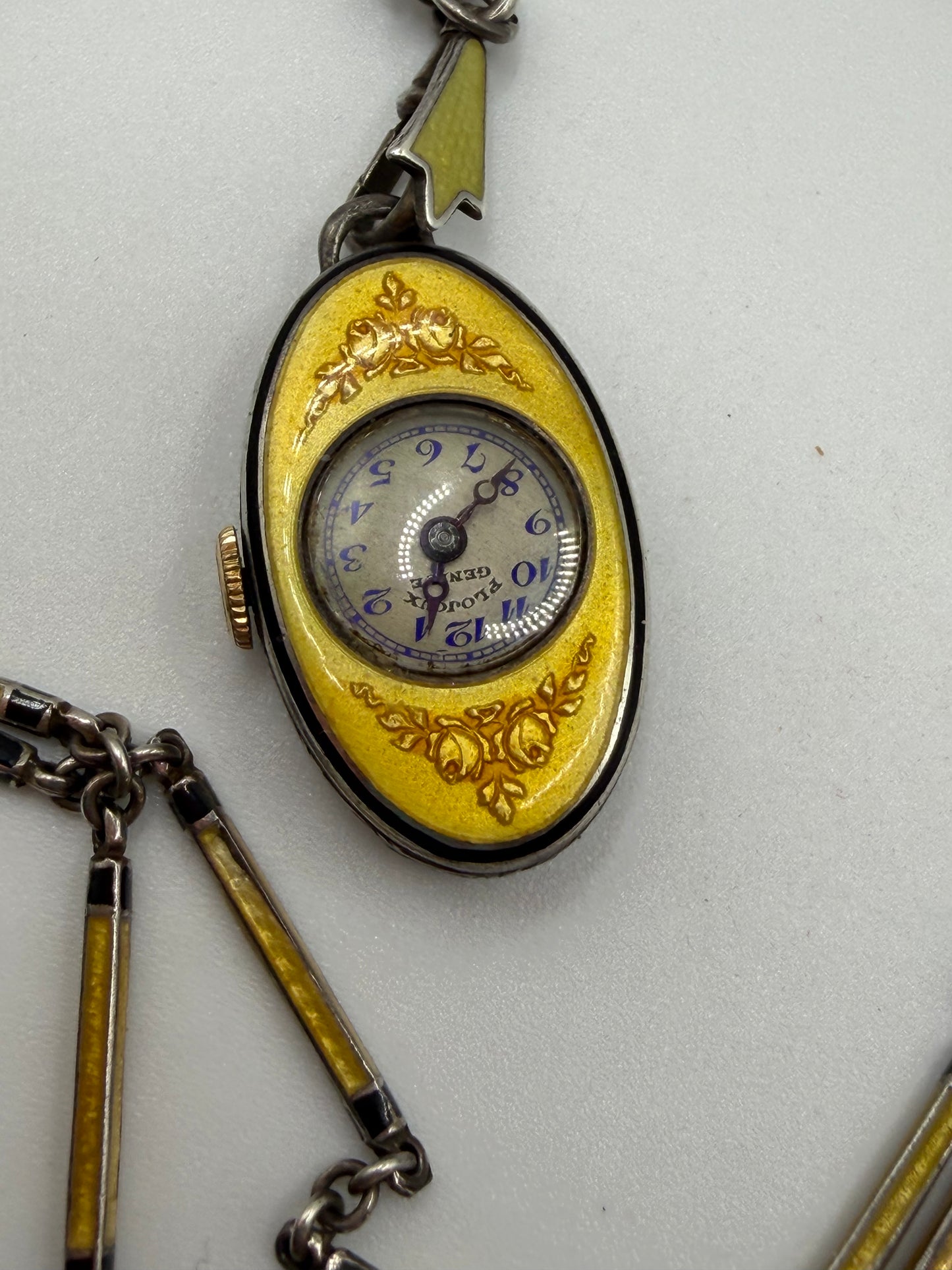 Antique Plojoux Geneve Golden Yellow Art Deco Guilloché Enamel Silver Watch Necklace w/ Ornate Chain