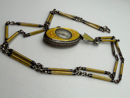 Antique Plojoux Geneve Golden Yellow Art Deco Guilloché Enamel Silver Watch Necklace w/ Ornate Chain