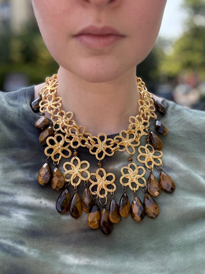 Vintage Robert Sorrell Floral Tiger's Eye Collar Necklace