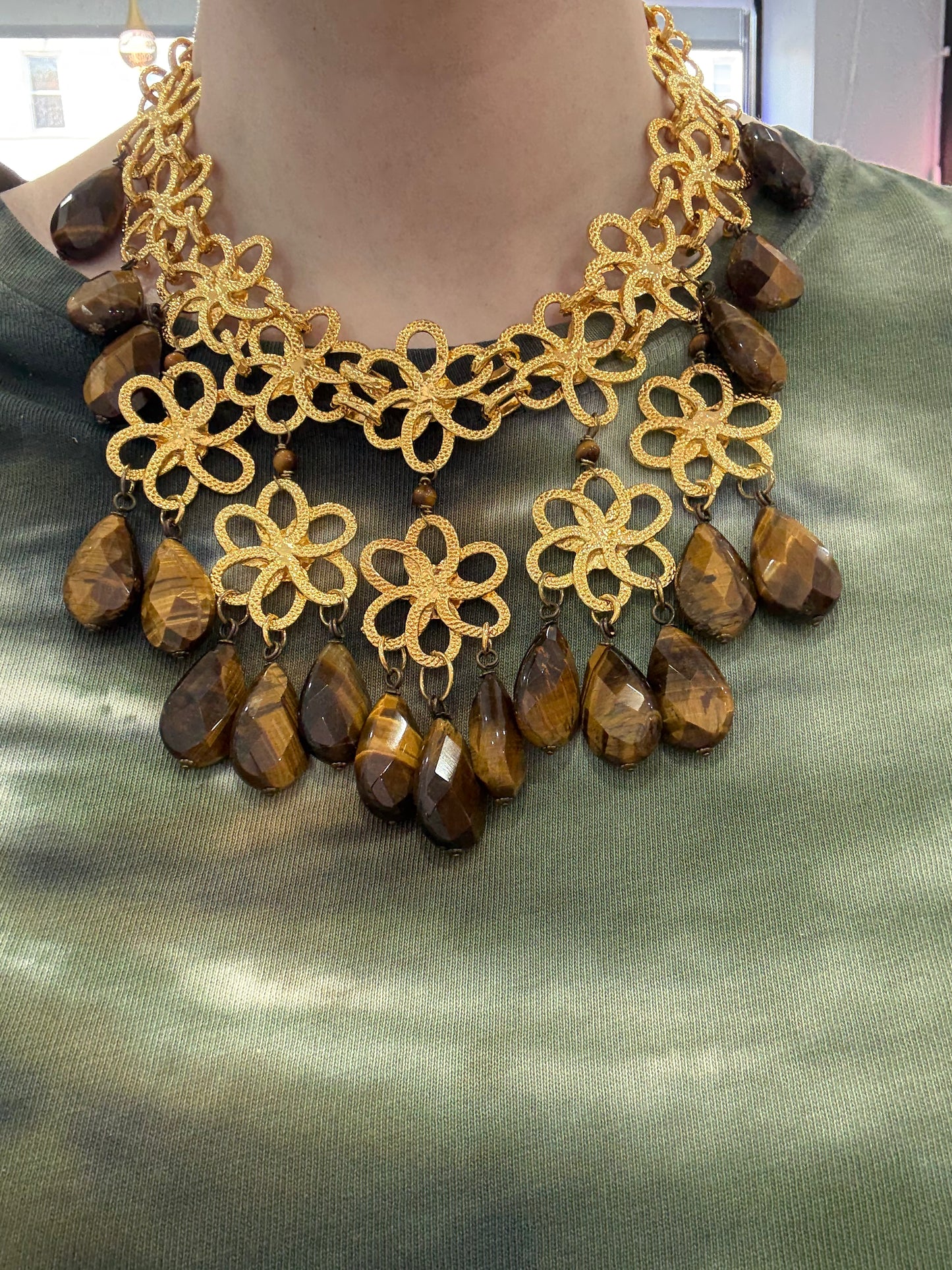 Vintage Robert Sorrell Floral Tiger's Eye Collar Necklace