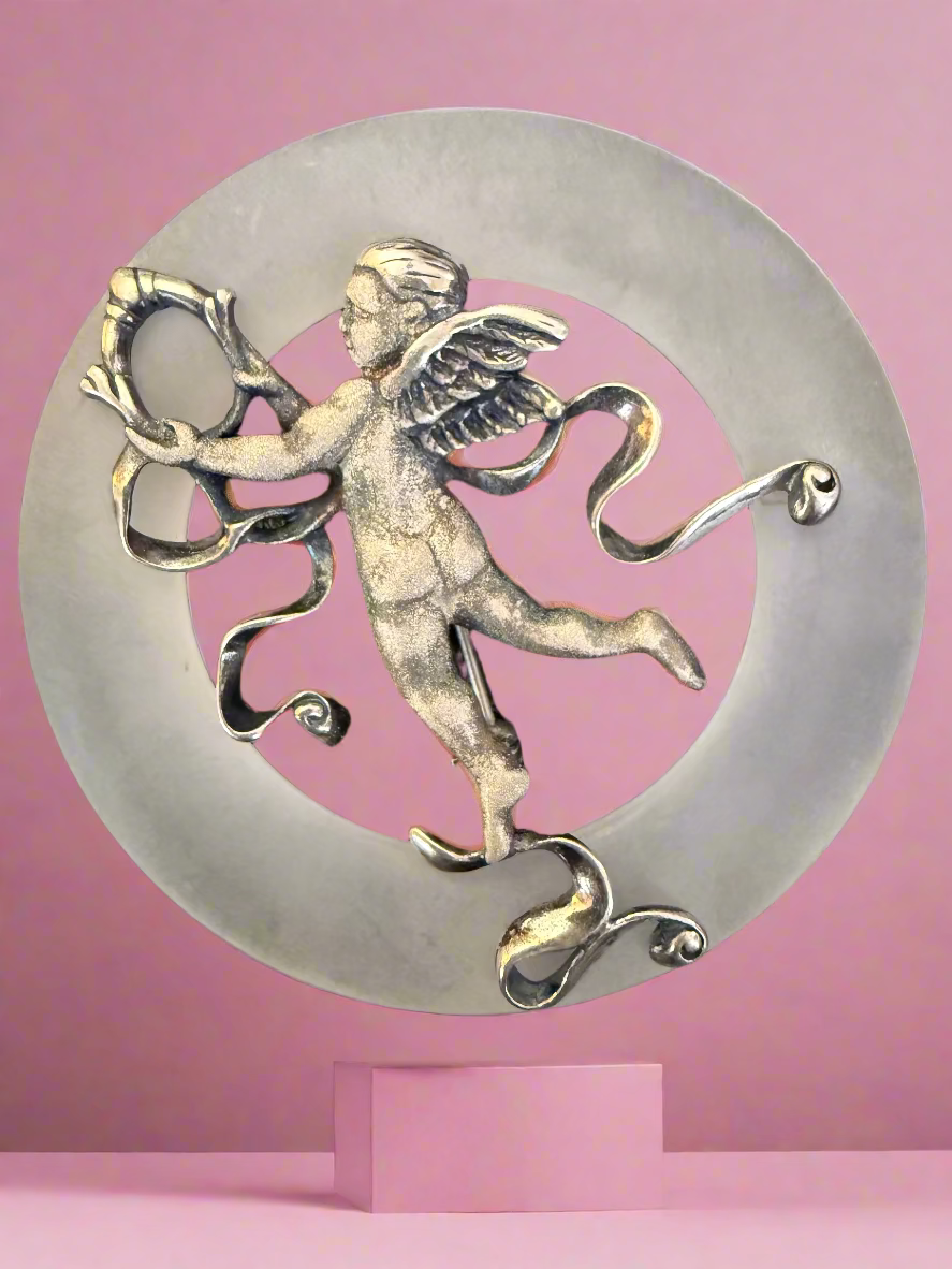 Vintage Sterling Silver Cherub Moon Brooch