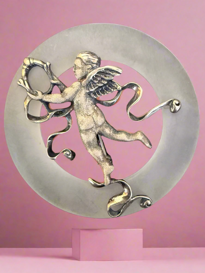 Vintage Sterling Silver Cherub Moon Brooch