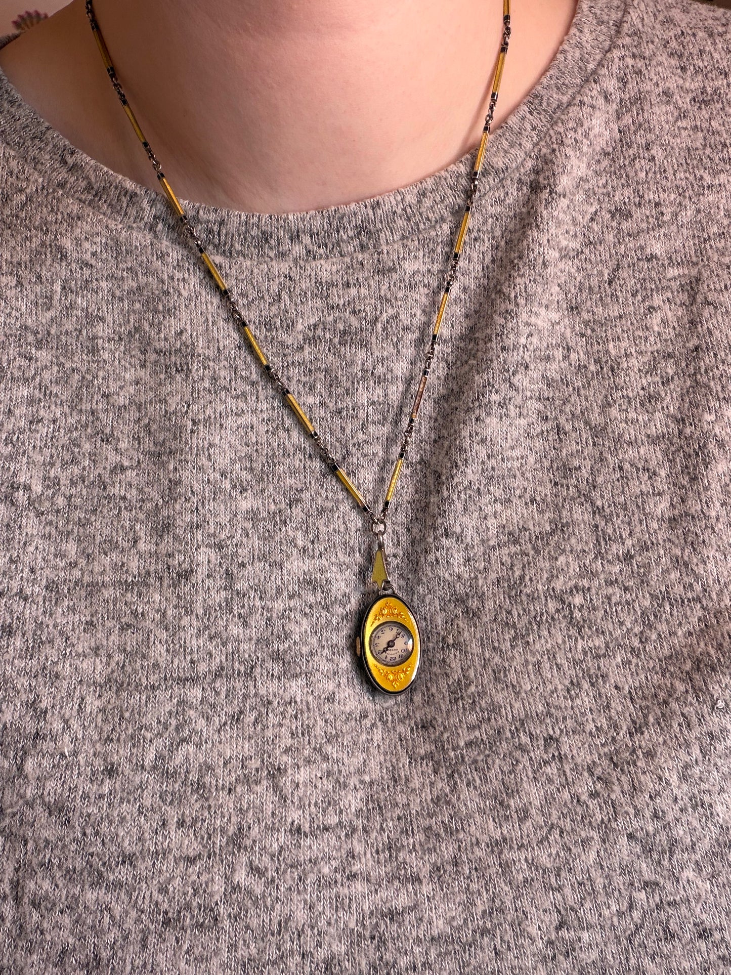 Antique Plojoux Geneve Golden Yellow Art Deco Guilloché Enamel Silver Watch Necklace w/ Ornate Chain