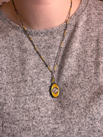 Antique Plojoux Geneve Golden Yellow Art Deco Guilloché Enamel Silver Watch Necklace w/ Ornate Chain