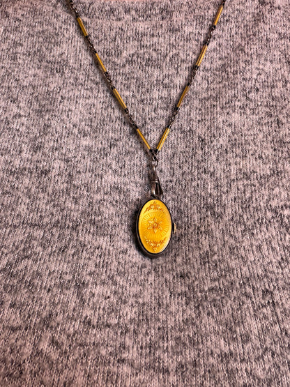 Antique Plojoux Geneve Golden Yellow Art Deco Guilloché Enamel Silver Watch Necklace w/ Ornate Chain