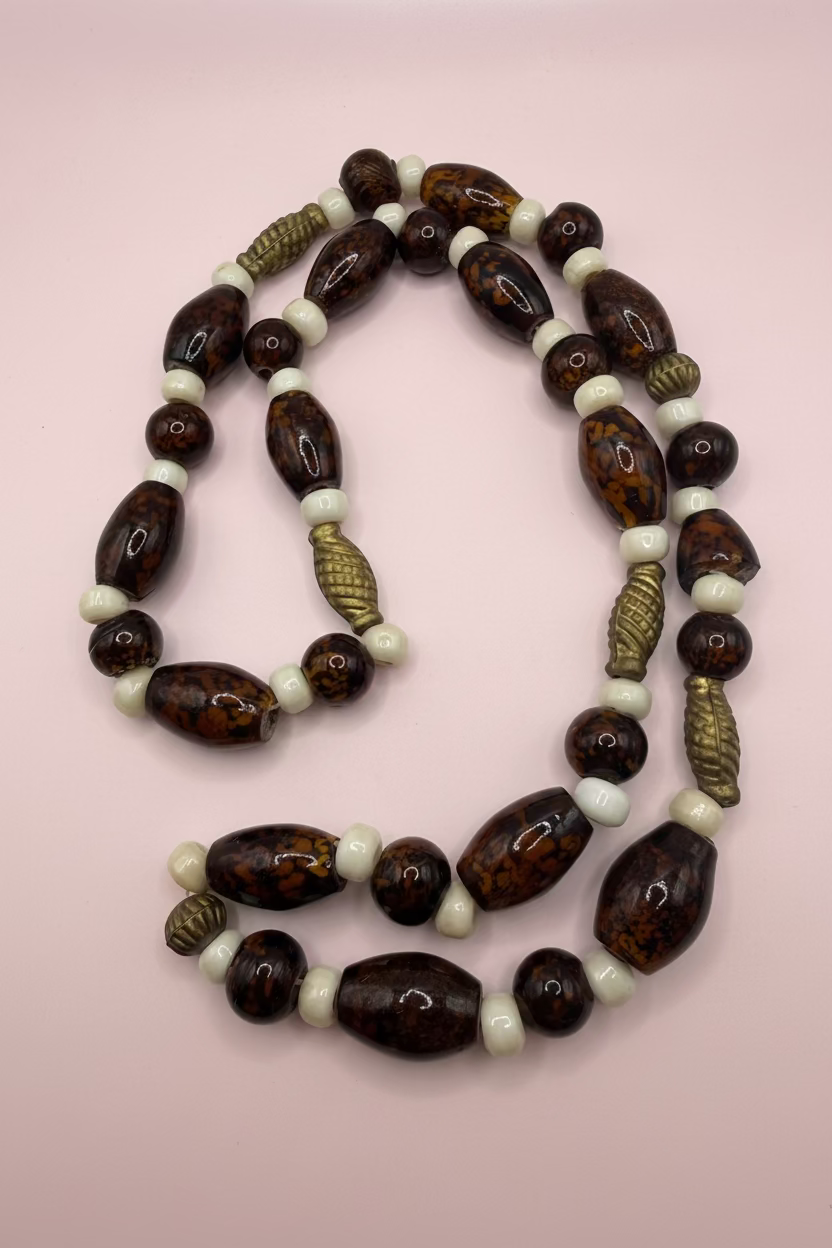 Vintage Heavy Chocolate Brown Beaded Glass & Brass Necklace