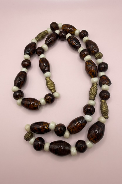 Vintage Heavy Chocolate Brown Beaded Glass & Brass Necklace