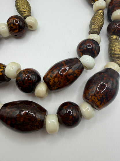 Vintage Heavy Chocolate Brown Beaded Glass & Brass Necklace