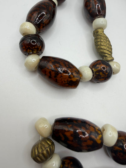 Vintage Heavy Chocolate Brown Beaded Glass & Brass Necklace