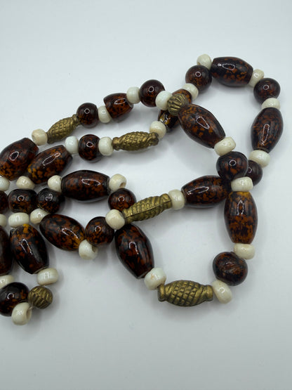 Vintage Heavy Chocolate Brown Beaded Glass & Brass Necklace