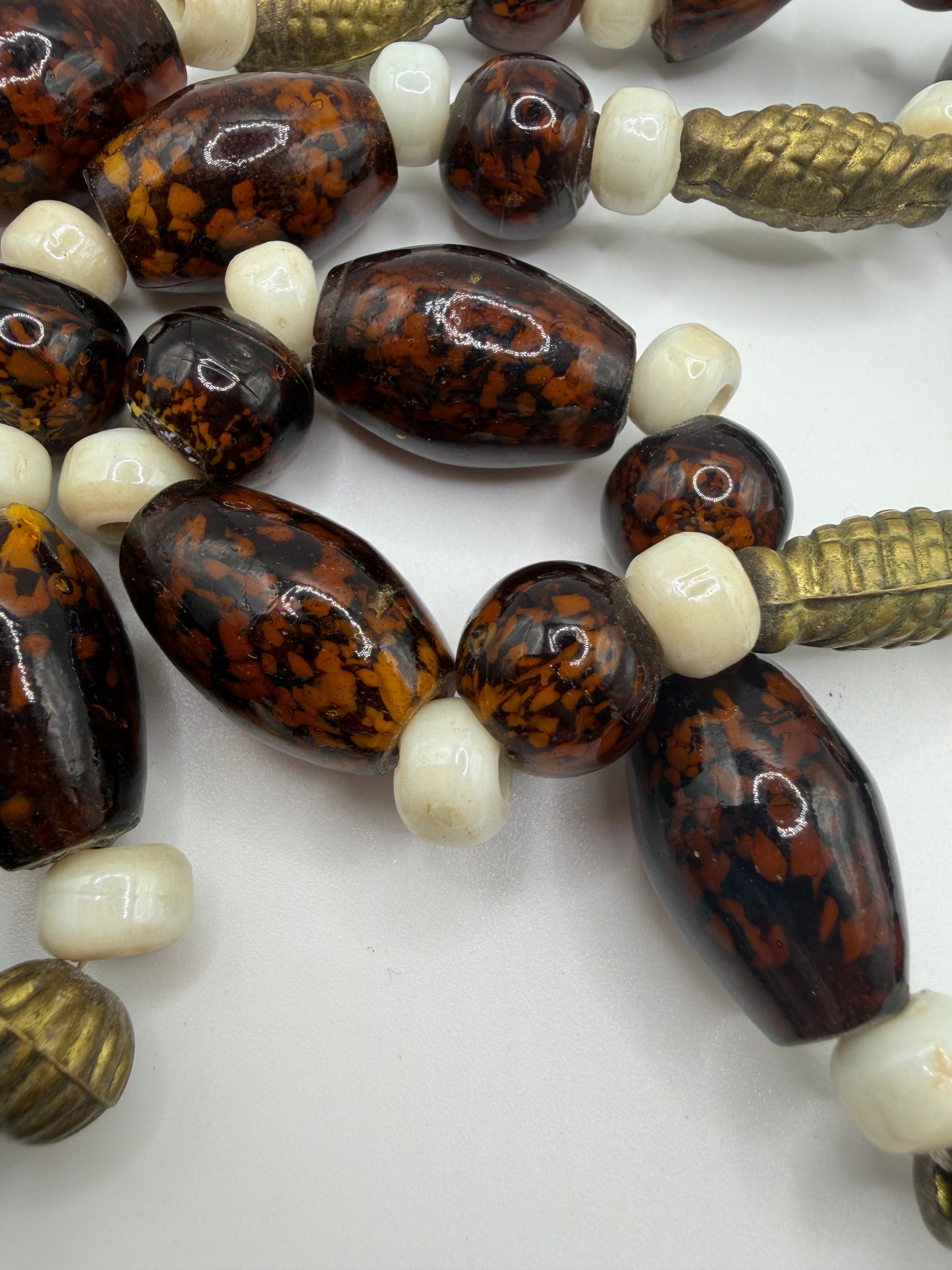 Vintage Heavy Chocolate Brown Beaded Glass & Brass Necklace