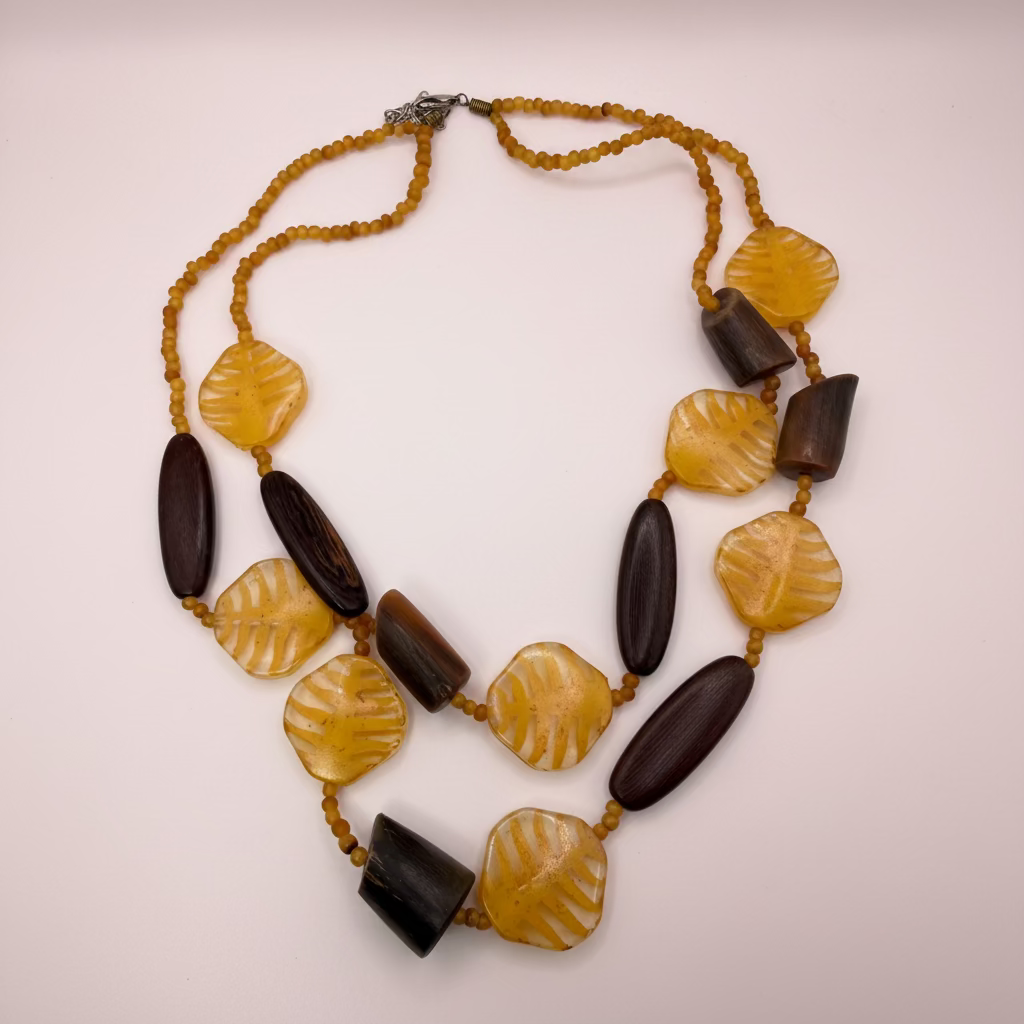 Vintage Unique Yellow Leaf and Sculptural Wood Necklace