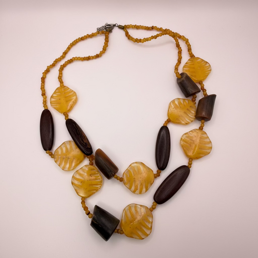 Vintage Unique Yellow Leaf and Sculptural Wood Necklace