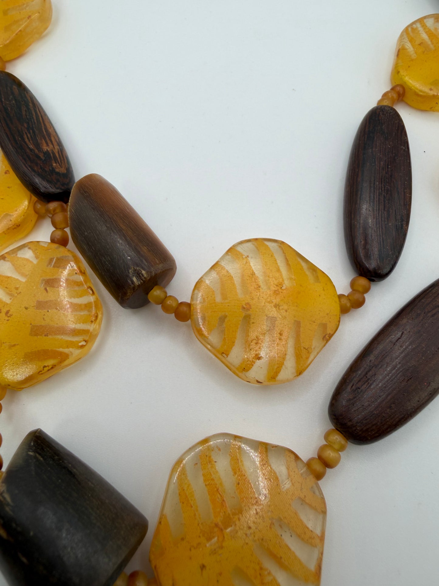 Vintage Unique Yellow Leaf and Sculptural Wood Necklace