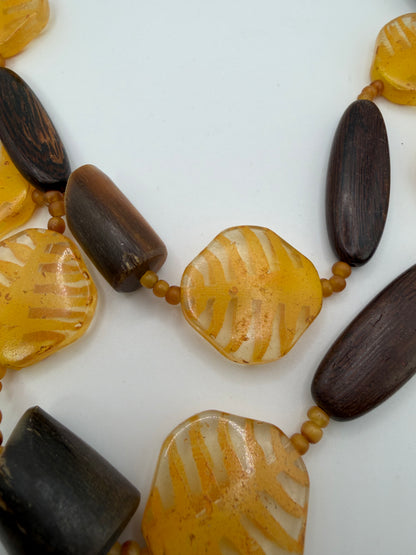Vintage Unique Yellow Leaf and Sculptural Wood Necklace
