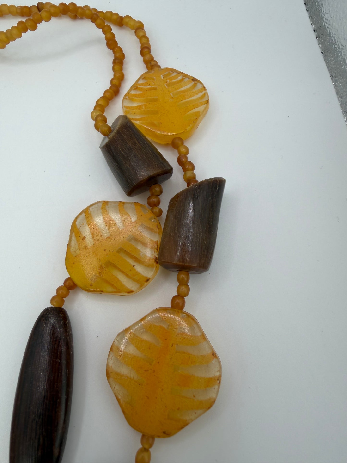 Vintage Unique Yellow Leaf and Sculptural Wood Necklace