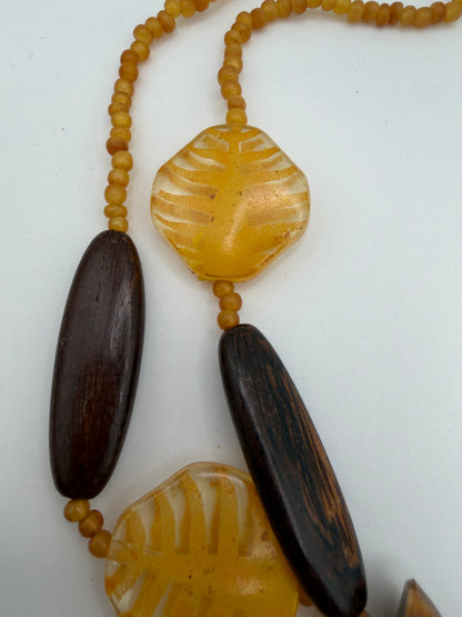 Vintage Unique Yellow Leaf and Sculptural Wood Necklace