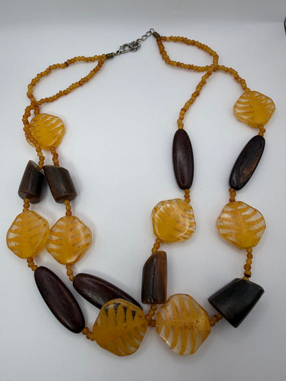 Vintage Unique Yellow Leaf and Sculptural Wood Necklace