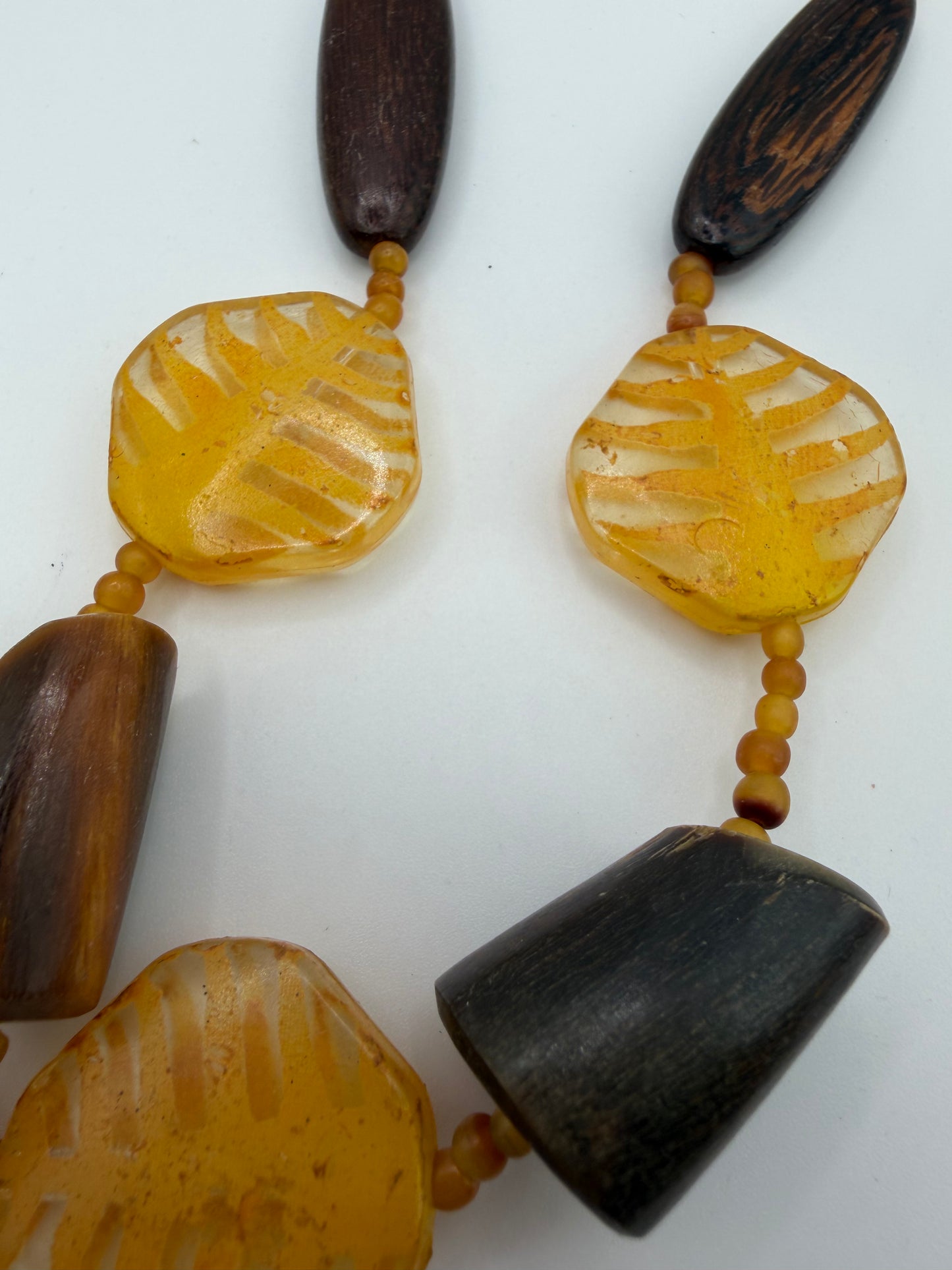Vintage Unique Yellow Leaf and Sculptural Wood Necklace