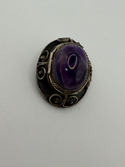 Vintage Sterling Silver Amethyst Cabochon Mexican Locket Pendant Brooch