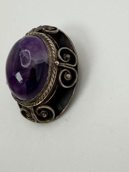 Vintage Sterling Silver Amethyst Cabochon Mexican Locket Pendant Brooch
