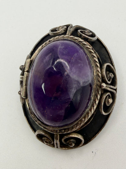 Vintage Sterling Silver Amethyst Cabochon Mexican Locket Pendant Brooch