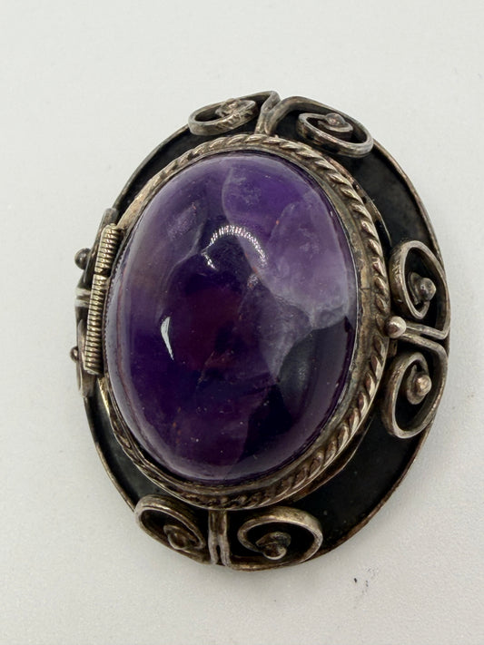Vintage Sterling Silver Amethyst Cabochon Mexican Locket Pendant Brooch