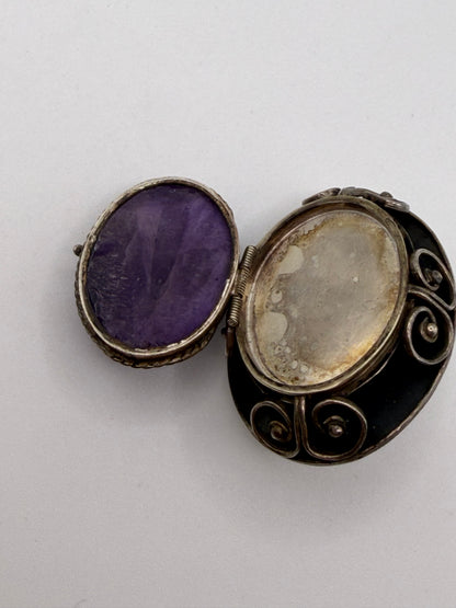 Vintage Sterling Silver Amethyst Cabochon Mexican Locket Pendant Brooch