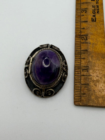 Vintage Sterling Silver Amethyst Cabochon Mexican Locket Pendant Brooch
