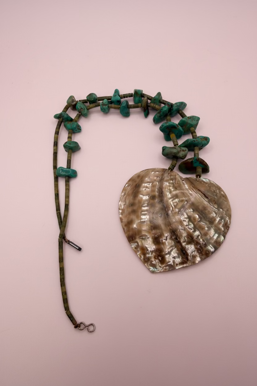 Vintage Rare Native American Santo Domingo Pueblo Abalone Shell Heart Turquoise Nugget & Heishi Necklace