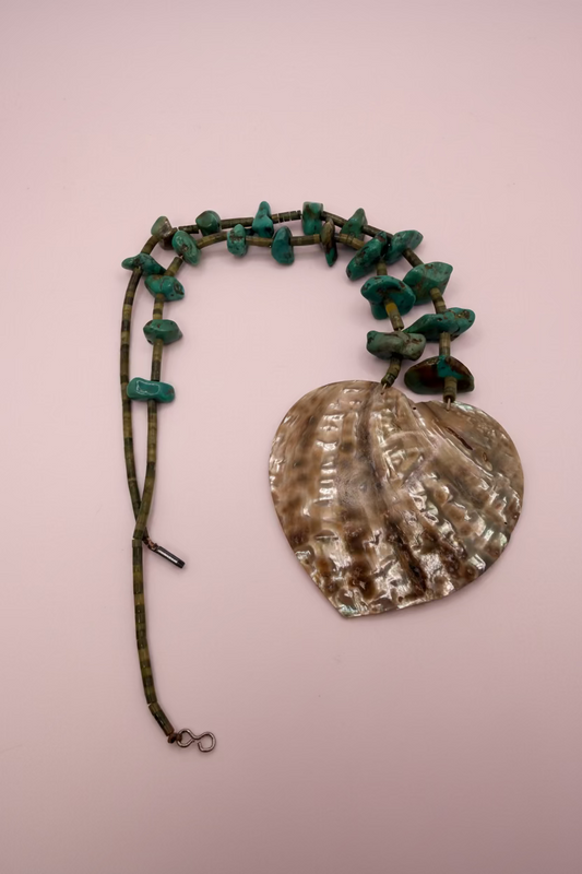 Vintage Rare Native American Santo Domingo Pueblo Abalone Shell Heart Turquoise Nugget & Heishi Necklace
