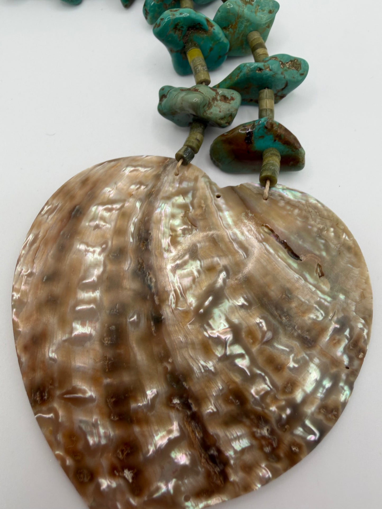 Vintage Rare Native American Santo Domingo Pueblo Abalone Shell Heart Turquoise Nugget & Heishi Necklace