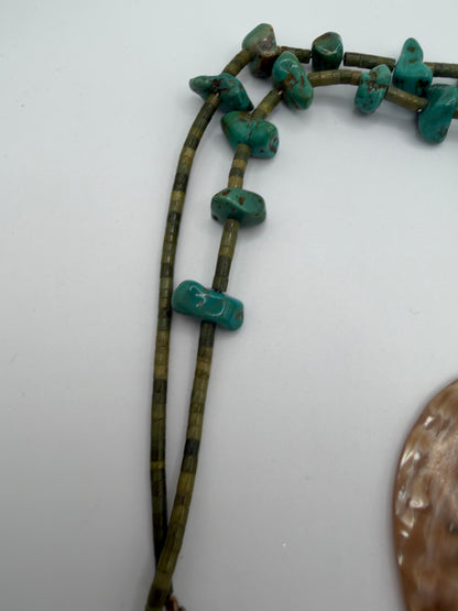 Vintage Rare Native American Santo Domingo Pueblo Abalone Shell Heart Turquoise Nugget & Heishi Necklace