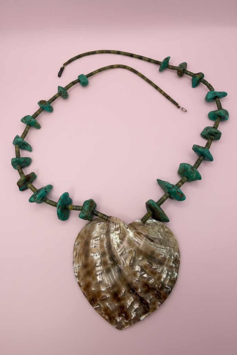 Vintage Rare Native American Santo Domingo Pueblo Abalone Shell Heart Turquoise Nugget & Heishi Necklace