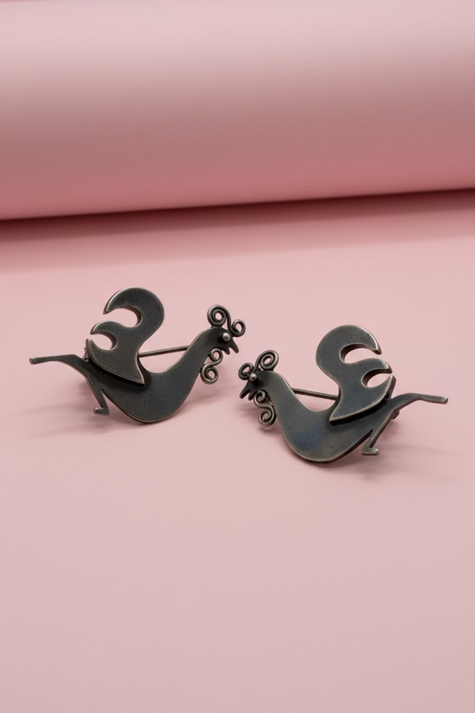 Vintage Sterling Silver Midcentury Modernist Rooster Earrings
