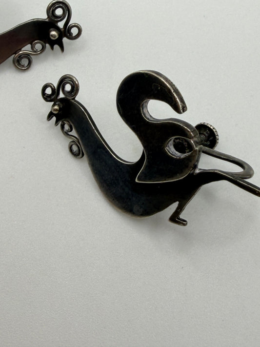 Vintage Sterling Silver Midcentury Modernist Rooster Earrings
