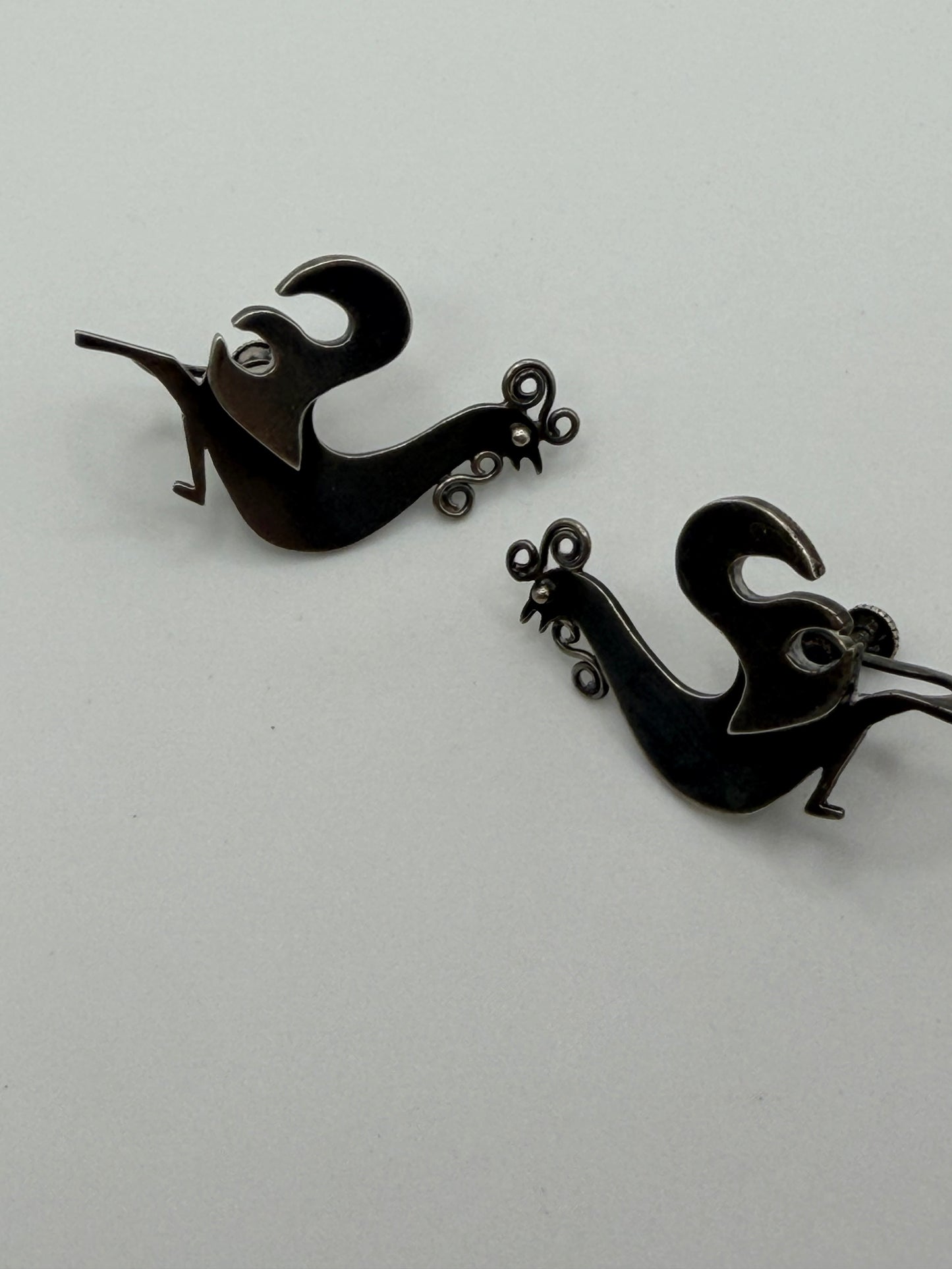 Vintage Sterling Silver Midcentury Modernist Rooster Earrings
