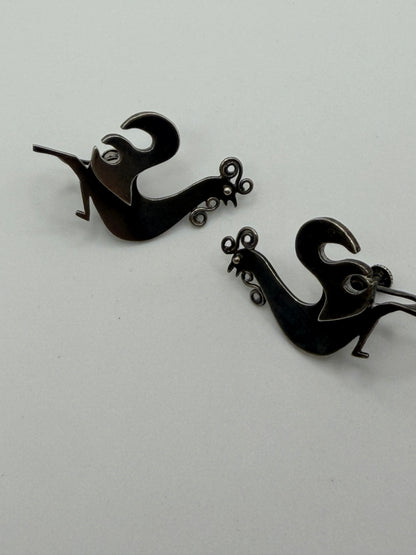 Vintage Sterling Silver Midcentury Modernist Rooster Earrings
