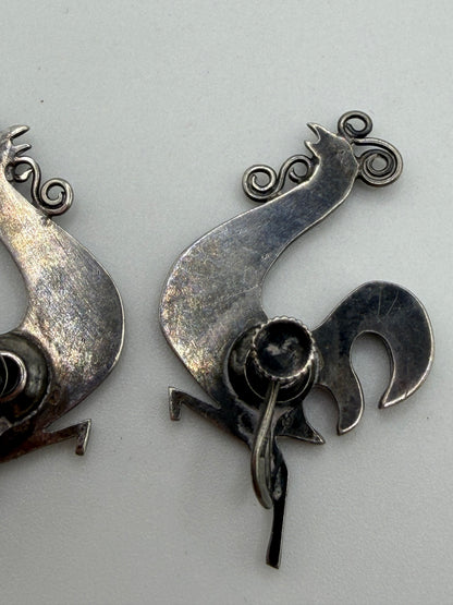 Vintage Sterling Silver Midcentury Modernist Rooster Earrings