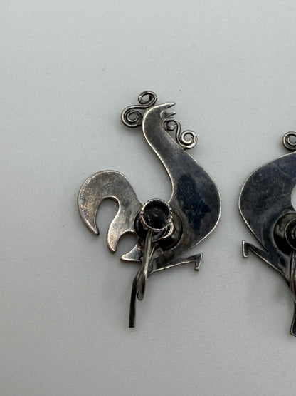 Vintage Sterling Silver Midcentury Modernist Rooster Earrings