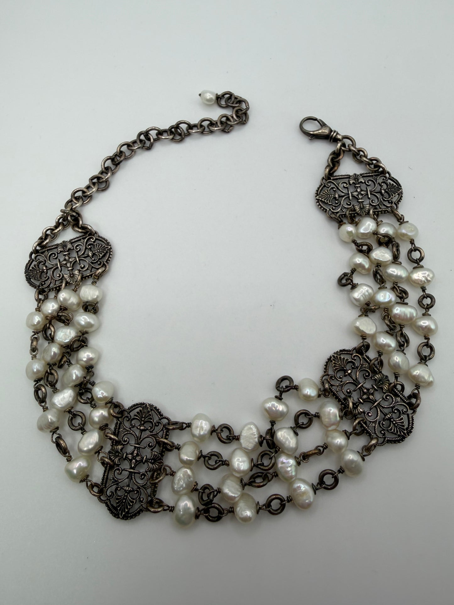 Vintage Silver Freshwater Pearl Rococo Gothic Choker Necklace
