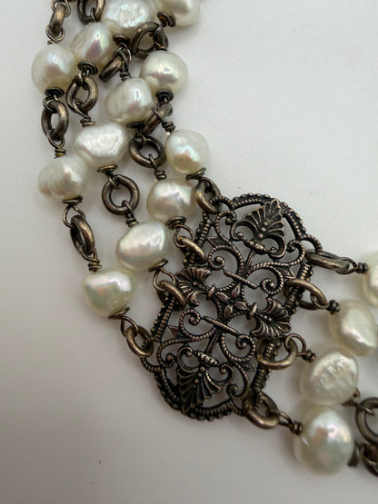 Vintage Silver Freshwater Pearl Rococo Gothic Choker Necklace