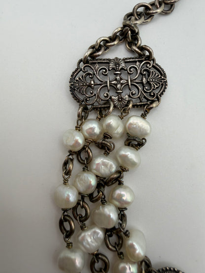Vintage Silver Freshwater Pearl Rococo Gothic Choker Necklace